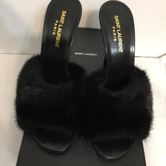 Saint Laurent Paris Roy Mink & Leather Mules Heels Size 38. Made in Italy - Picture 10 of 15